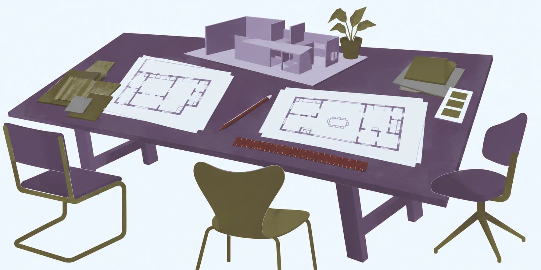 Illustrated purple studio table with architectural drawings, a model and olive chairs